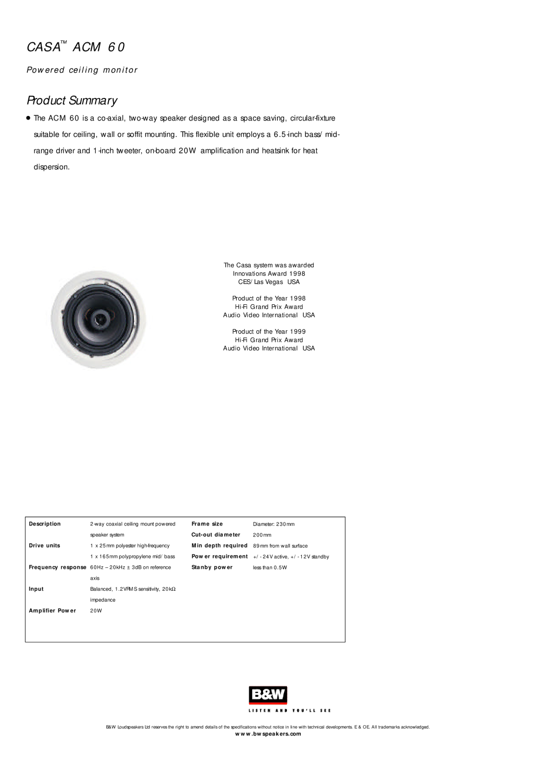 Bowers & Wilkins CASA ACM 60 specifications Ca Sa Acm, W e red ceiling mon itor Product Summary 