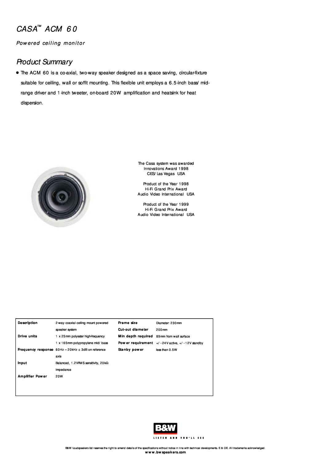 Bowers & Wilkins CASA ACM 60 specifications Ca Sa Acm, P o w e red ceiling mon itor Product Summary 