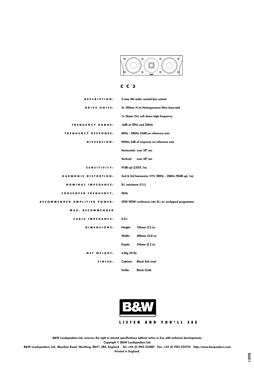 Bowers & Wilkins CC3 owner manual Depth 210mm 8 3 