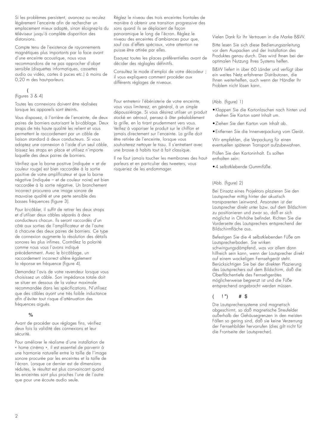 Bowers & Wilkins CC6 S2 owner manual Deutsch Einleitung, Raccordement, Reglages Fins, Entretien ET Precautions, Auspacken 