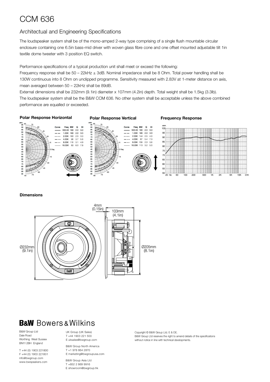 Bowers & Wilkins CCM 636 manual Architectual and Engineering Specifications 