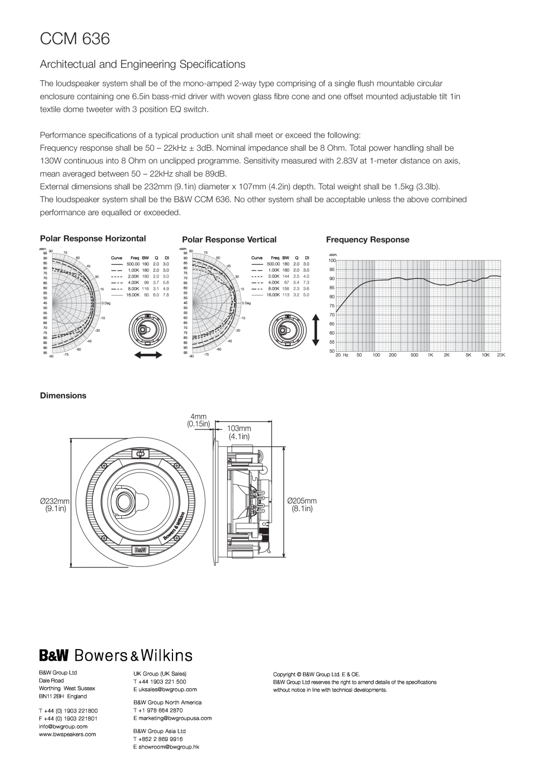 Bowers & Wilkins CCM 636 Architectual and Engineering Specifications, Polar Response Horizontal, Polar Response Vertical 