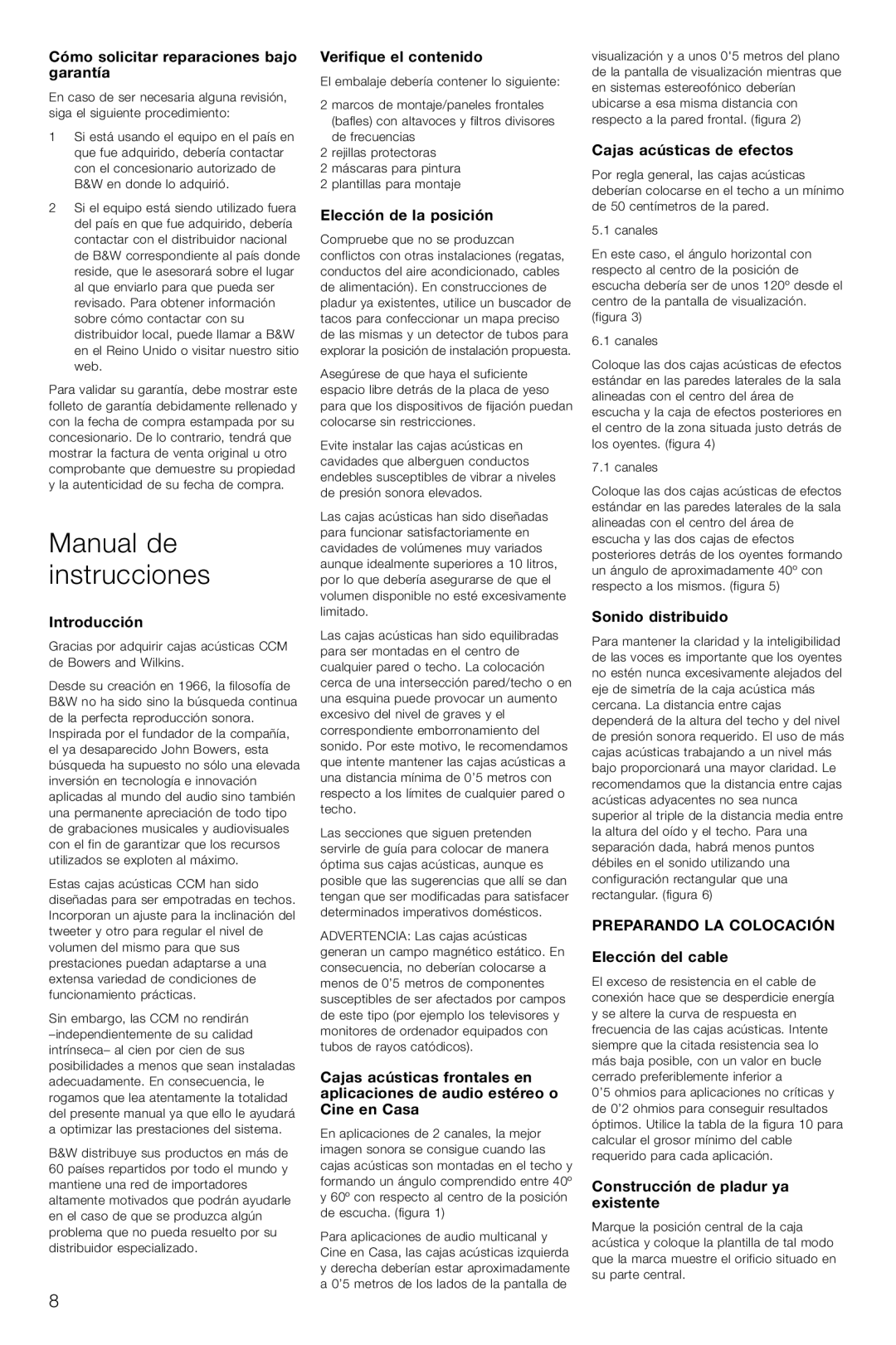 Bowers & Wilkins CCM618 owner manual Manual de instrucciones, Preparando LA Colocación 