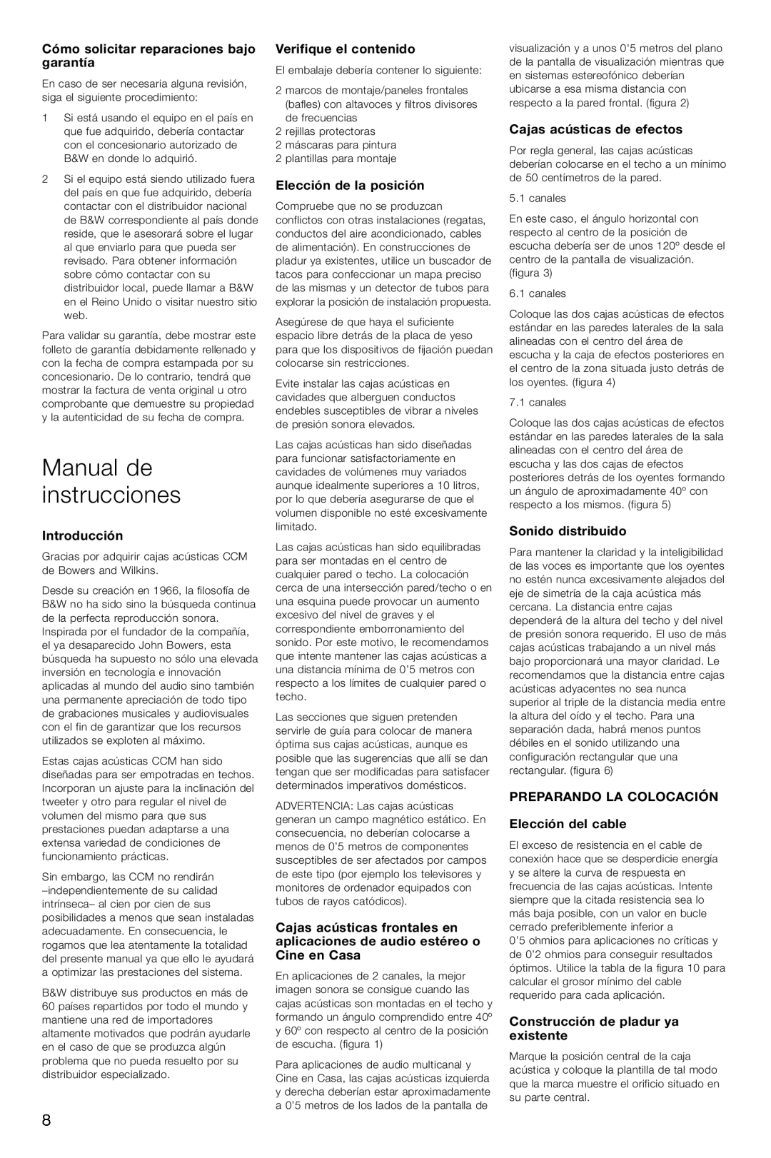 Bowers & Wilkins CCM626 owner manual Manual de instrucciones, Cómo solicitar reparaciones bajo garantía, Introducción 