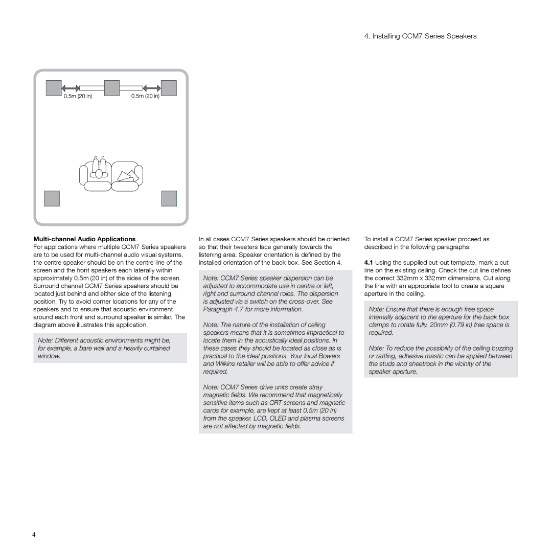Bowers & Wilkins manual Installing CCM7 Series Speakers, Multi-channel Audio Applications 
