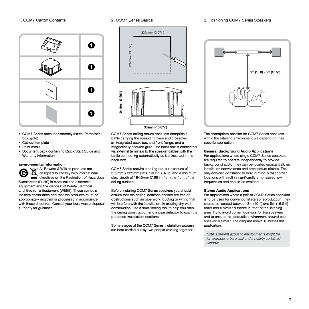 Bowers & Wilkins manual CCM7 Carton Contents, CCM7 Series Basics, Environmental Information, Stereo Audio Applications 