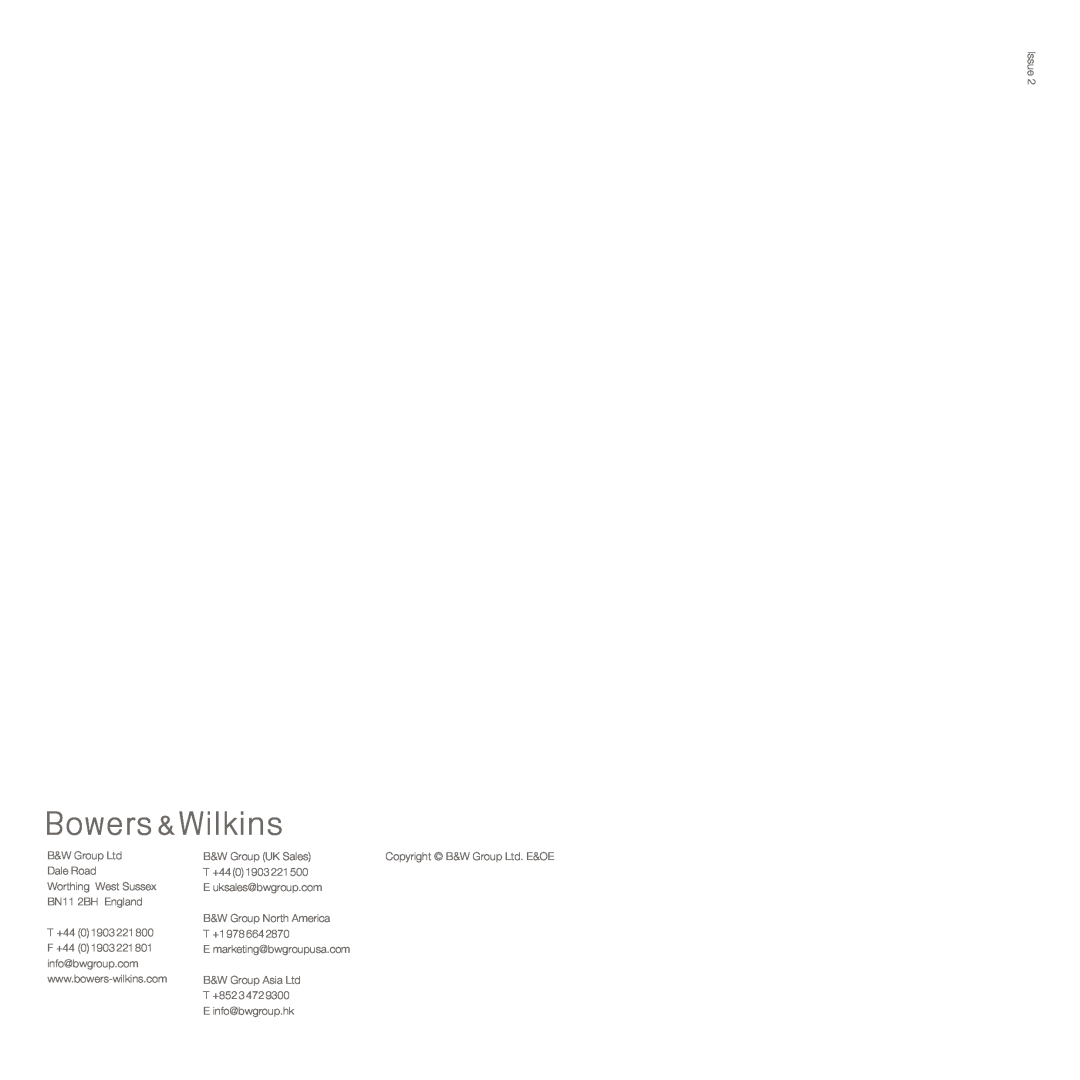 Bowers & Wilkins CCM7 manual Issue, BN11 2BH England, B&W Group UK Sales, T +44 0 1903 221 500, B&W Group North America 
