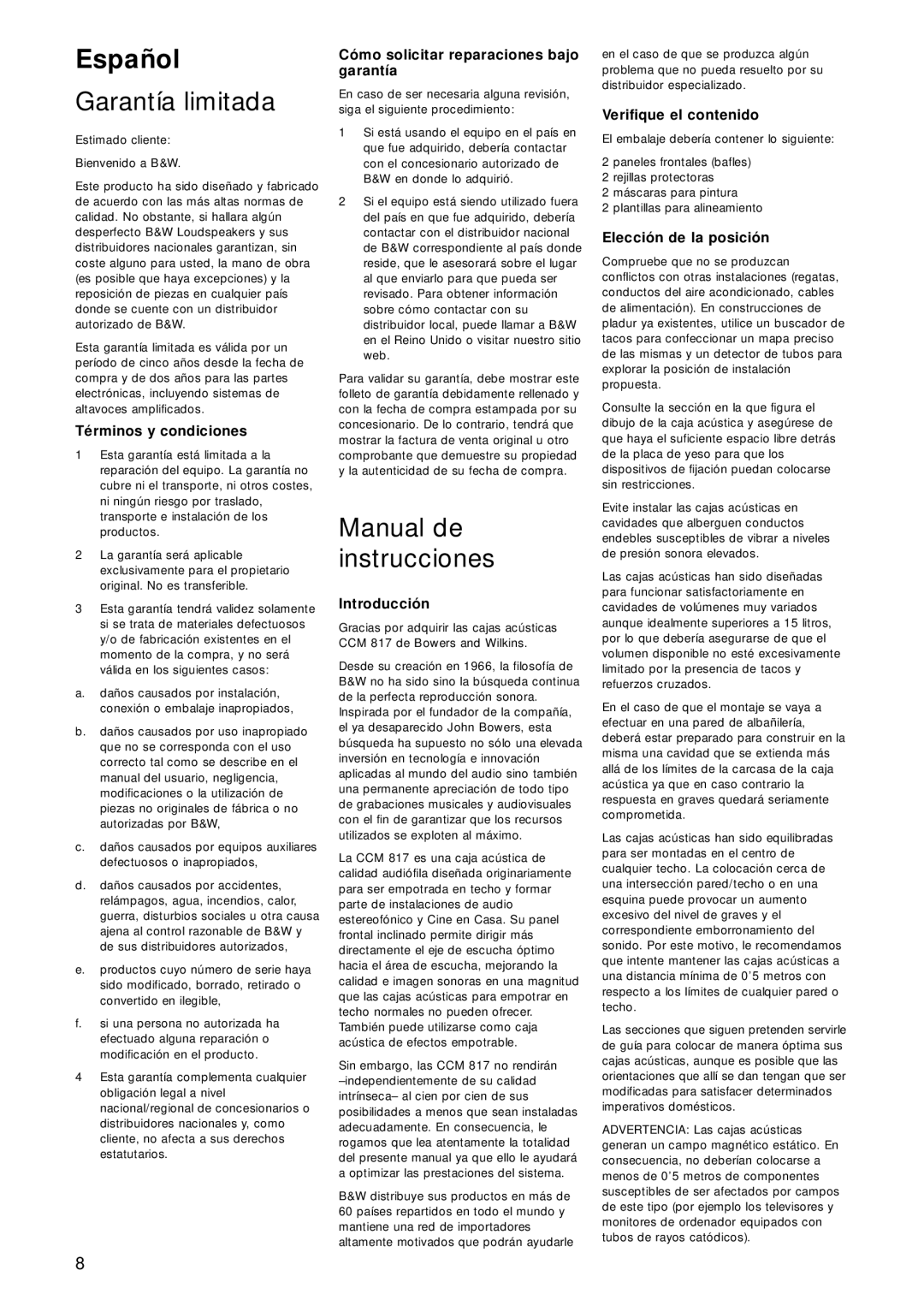 Bowers & Wilkins CCM817 owner manual Español, Garantía limitada, Manual de instrucciones 