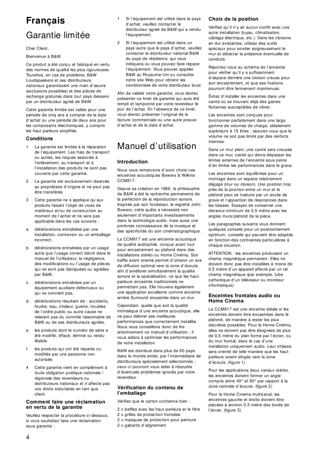 Bowers & Wilkins CCM817 owner manual Français, Garantie limitée, Manuel d’utilisation 