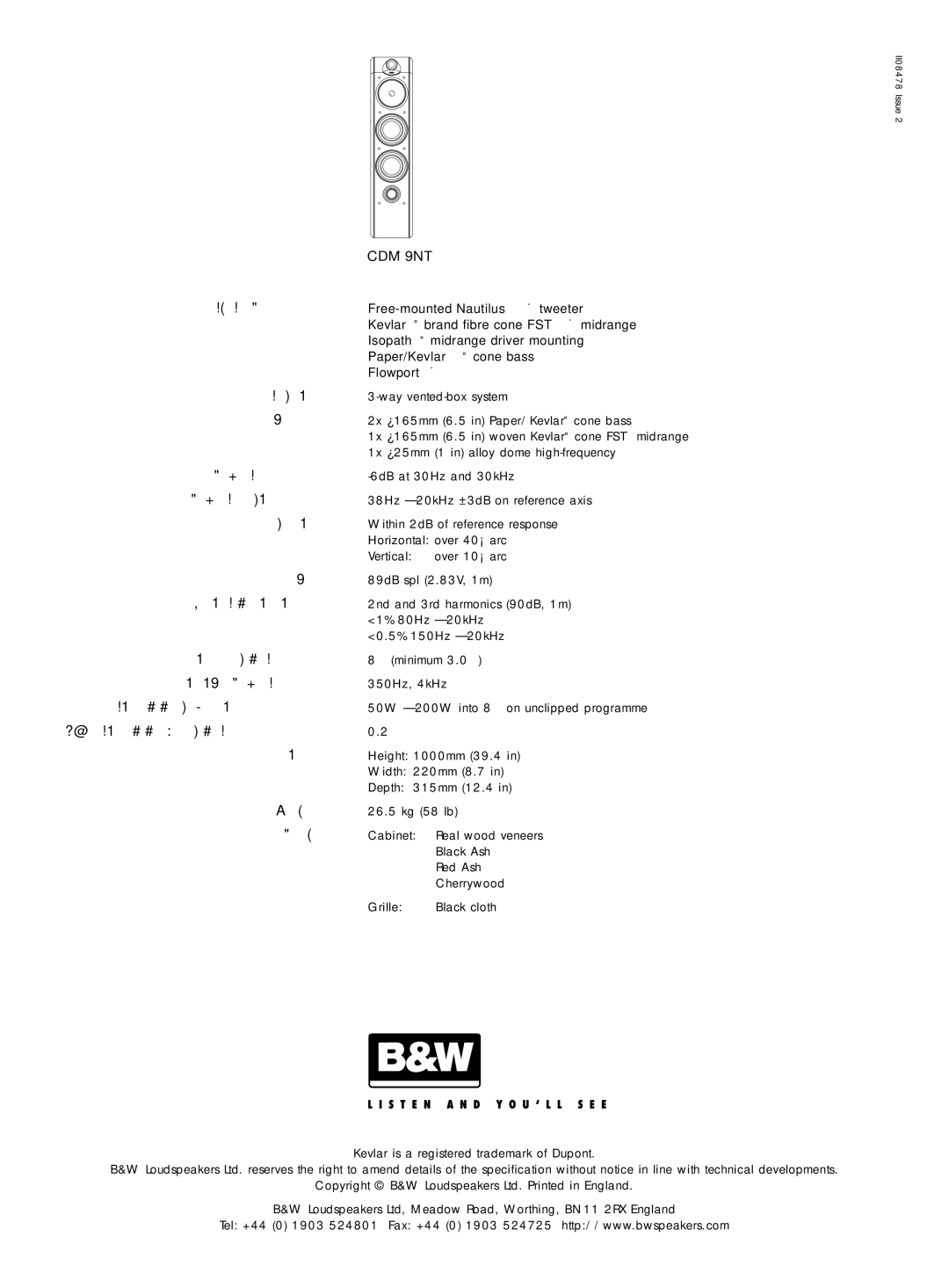 Bowers & Wilkins CDM 9NT owner manual Technical Features, Kevlar is a registered trademark of Dupont 