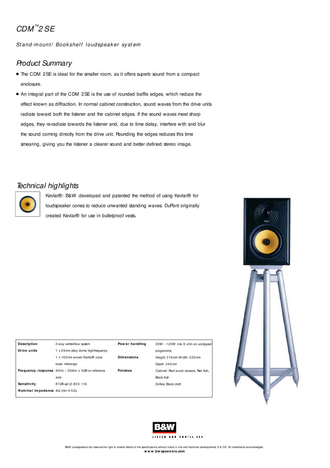 Bowers & Wilkins CDM2 SE specifications CD M2SE, Sta nd mount/Bookshelf loudspeaker syst em Product Summary 