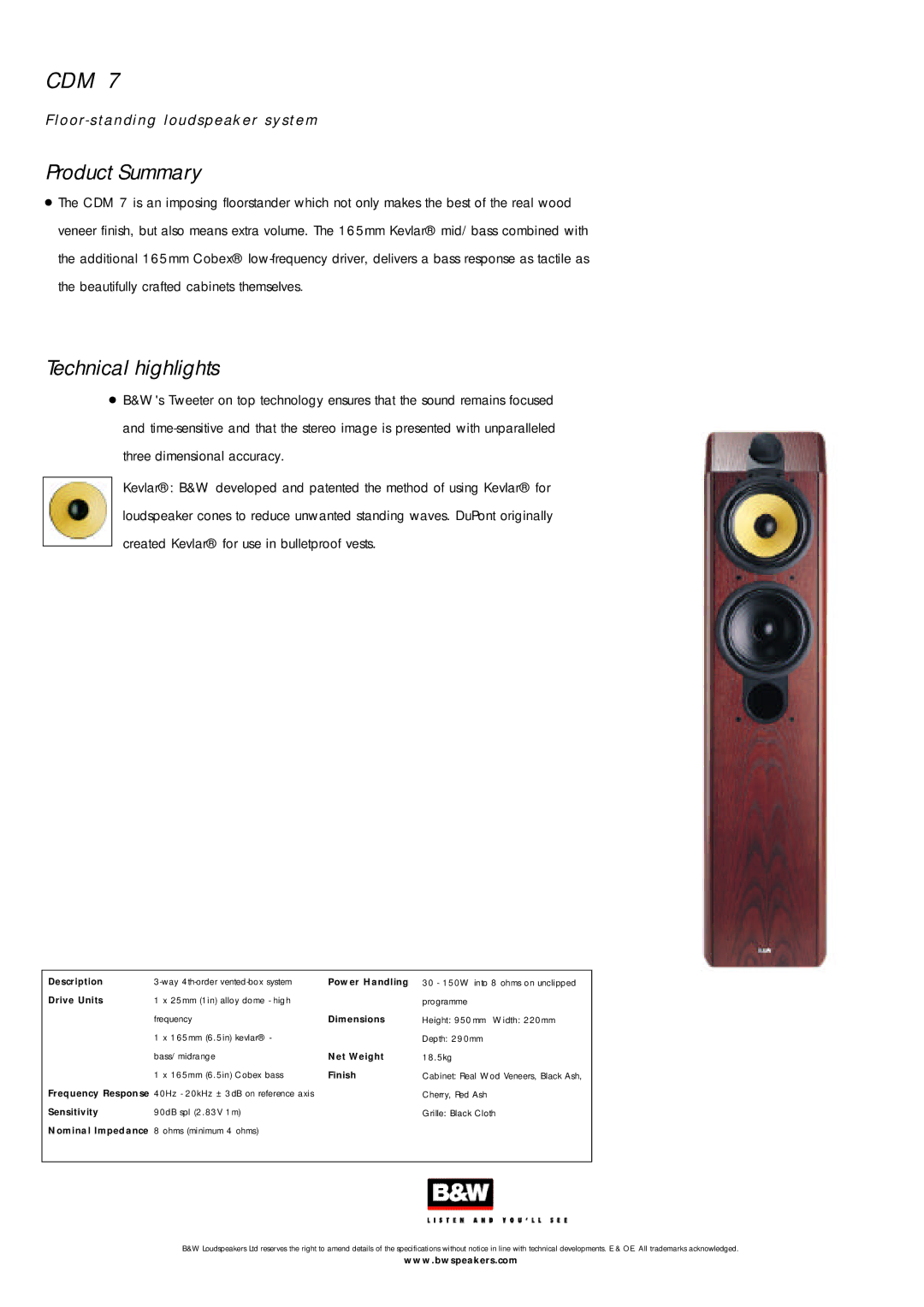 Bowers & Wilkins CDM7 specifications Cd M, O o r- standing loudspeaker system Product Summary, Technical highlights 