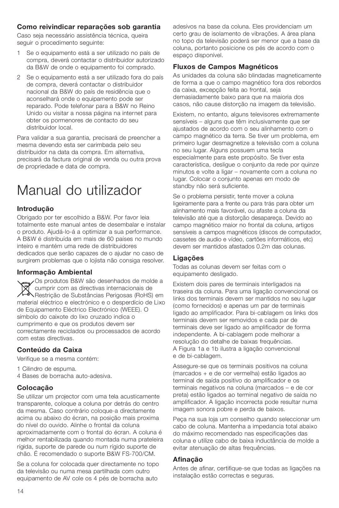 Bowers & Wilkins CM Center owner manual Manual do utilizador 