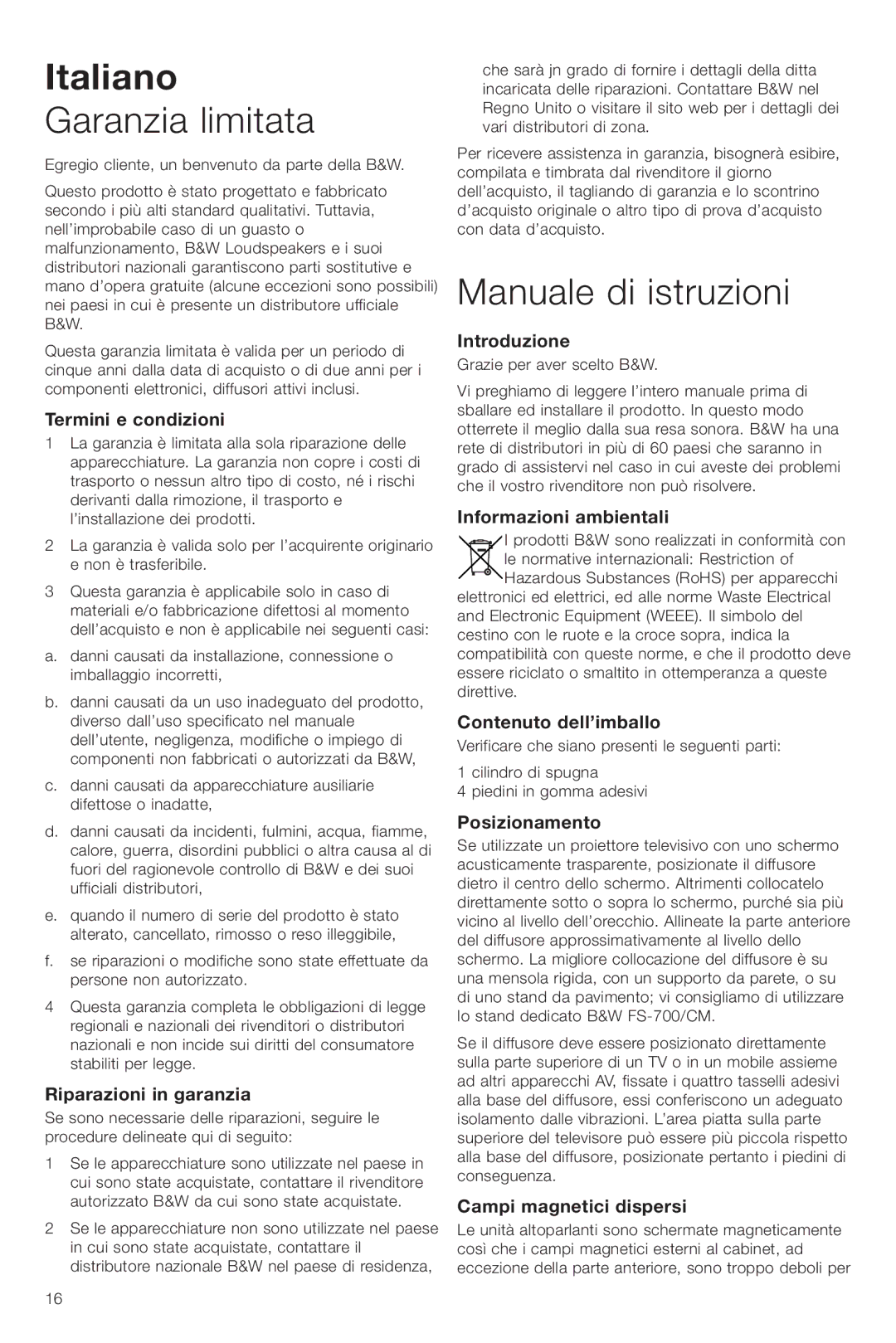 Bowers & Wilkins CM Center owner manual Italiano, Garanzia limitata, Manuale di istruzioni 