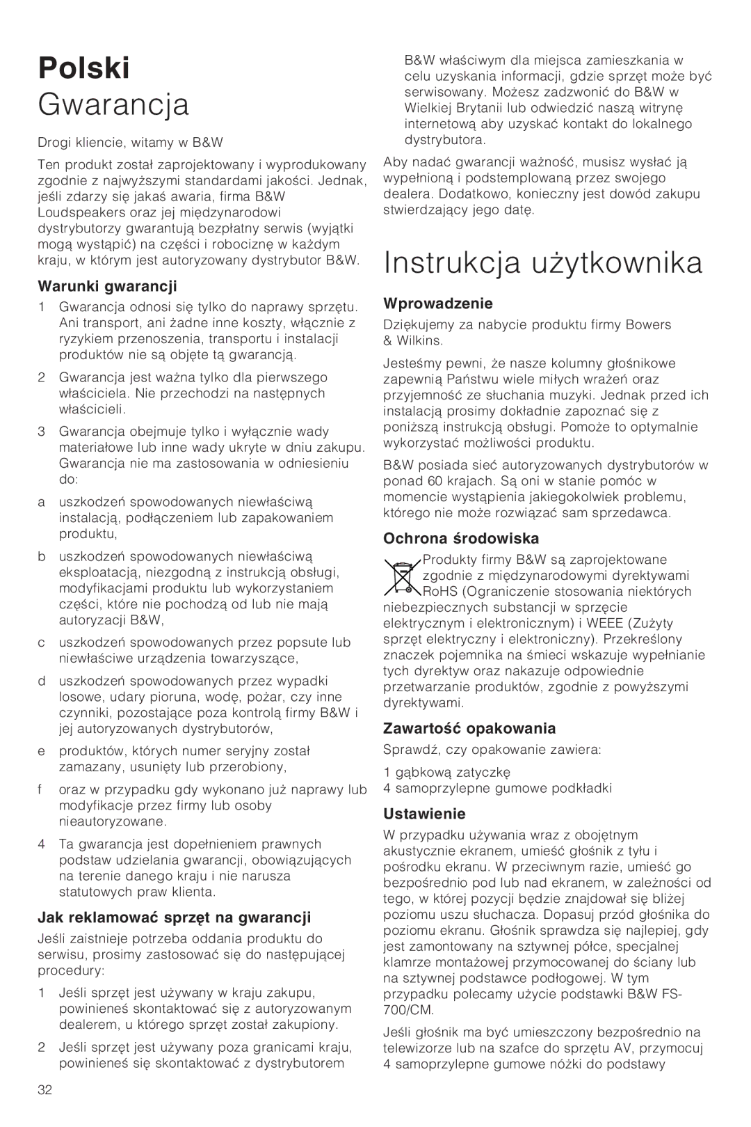 Bowers & Wilkins CM Center owner manual Polski, Gwarancja, Instrukcja uÃytkownika 