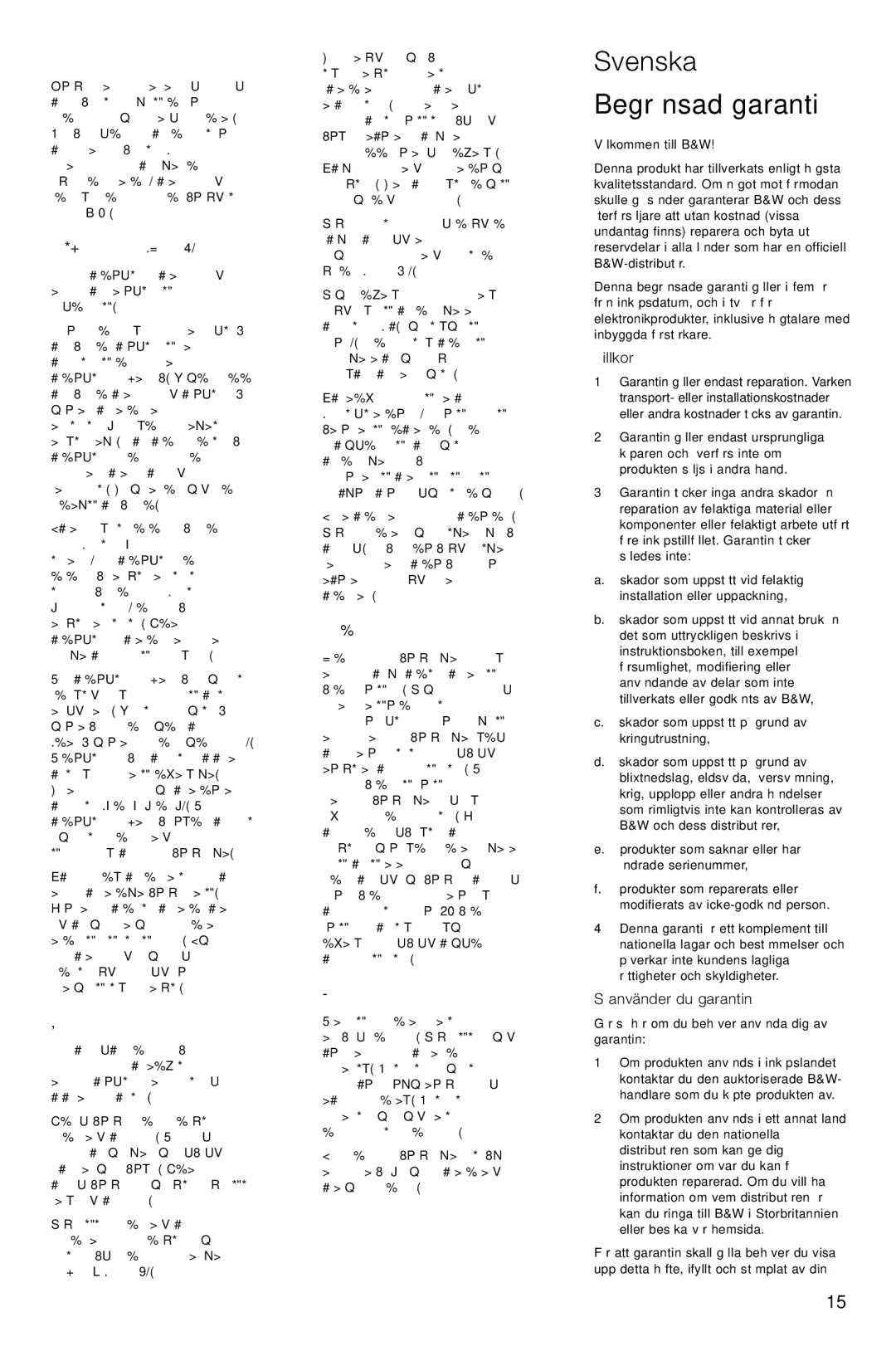 Bowers & Wilkins CM2 owner manual Svenska, Begränsad garanti 