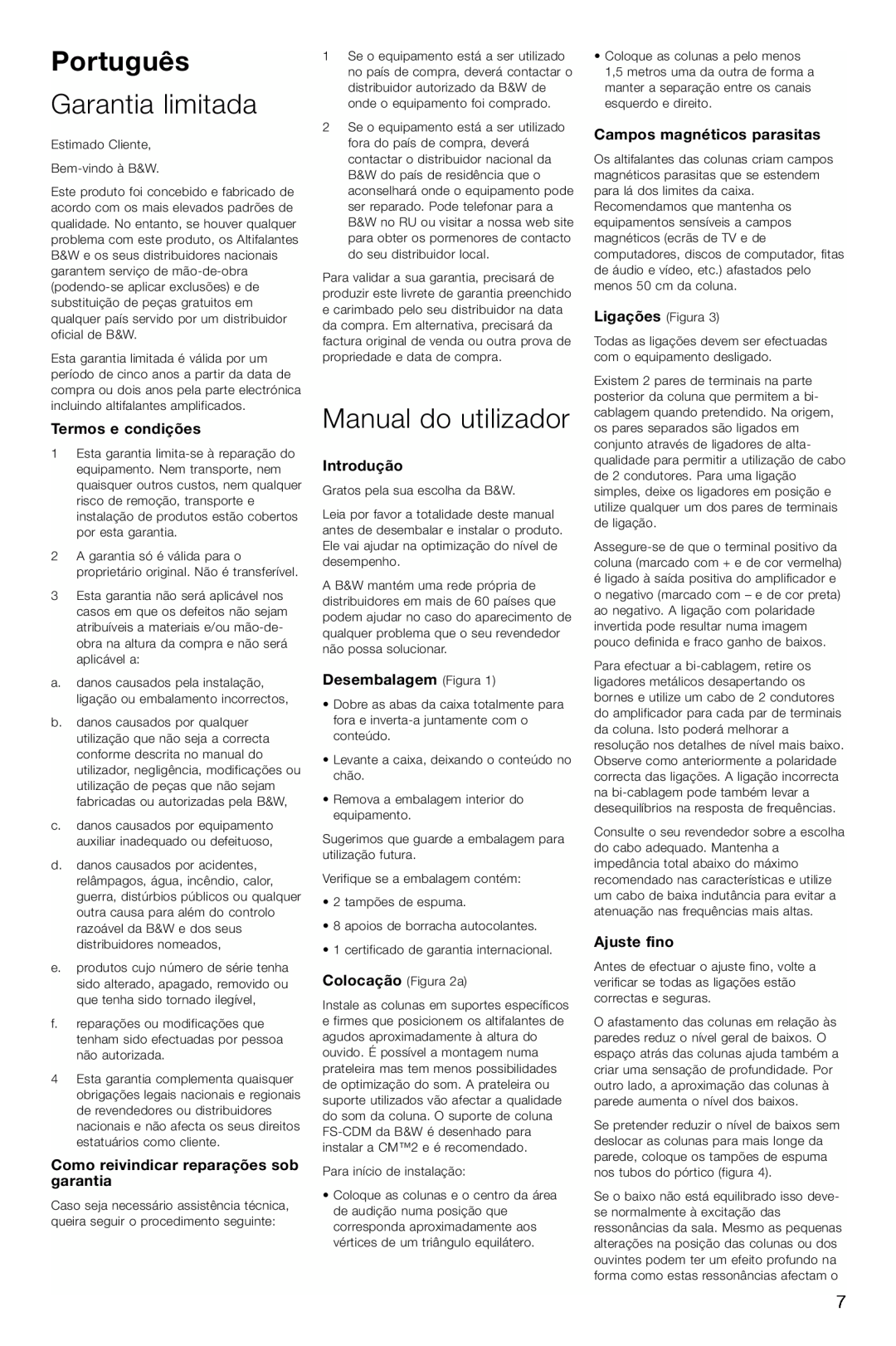 Bowers & Wilkins CM2 Português, Garantia limitada, Manual do utilizador, Termos e condições, Introdução, Ajuste fino 