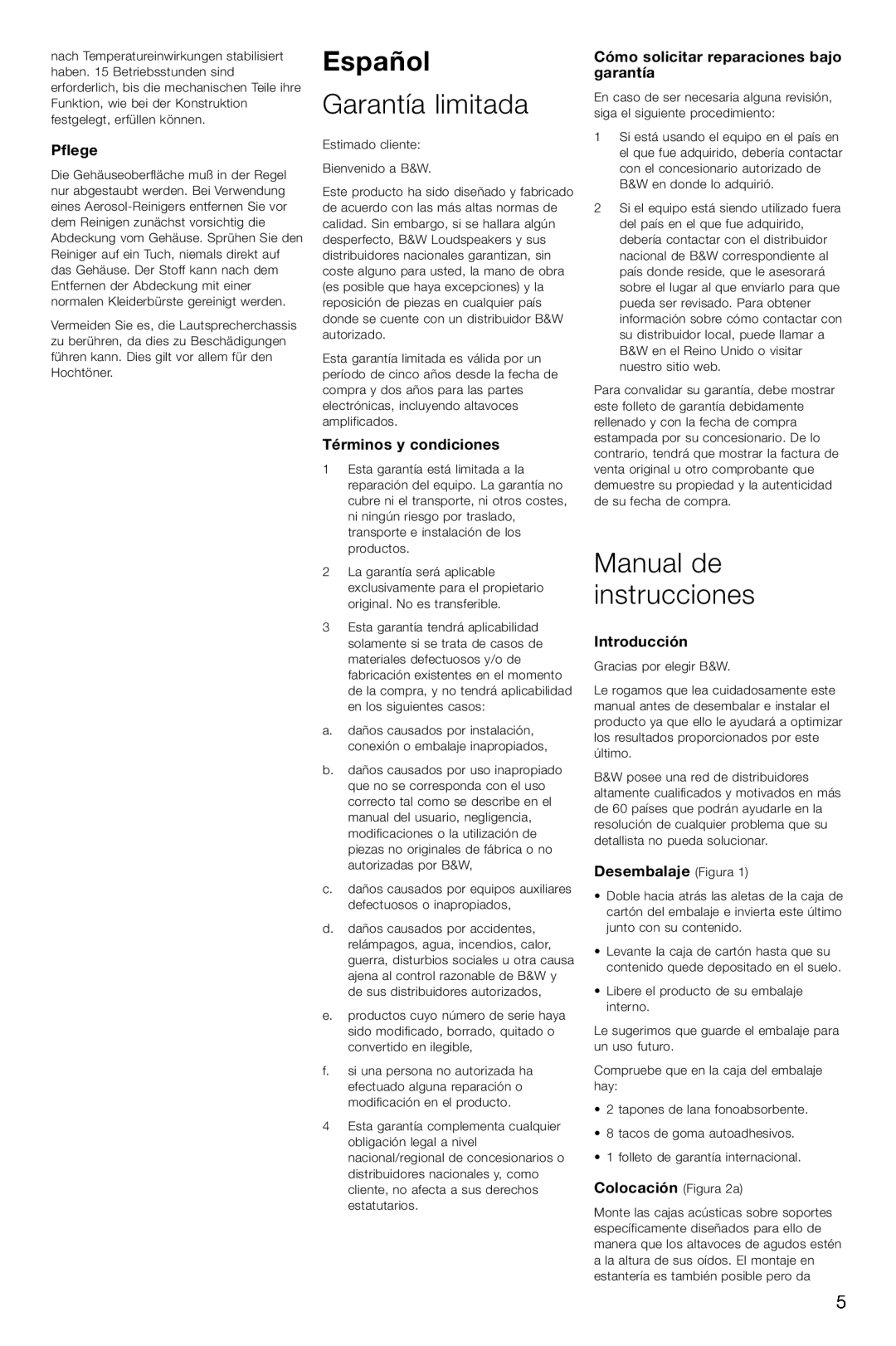 Bowers & Wilkins CM2 Español, Garantía limitada, Manual de instrucciones, Pflege, Términos y condiciones, Introducción 