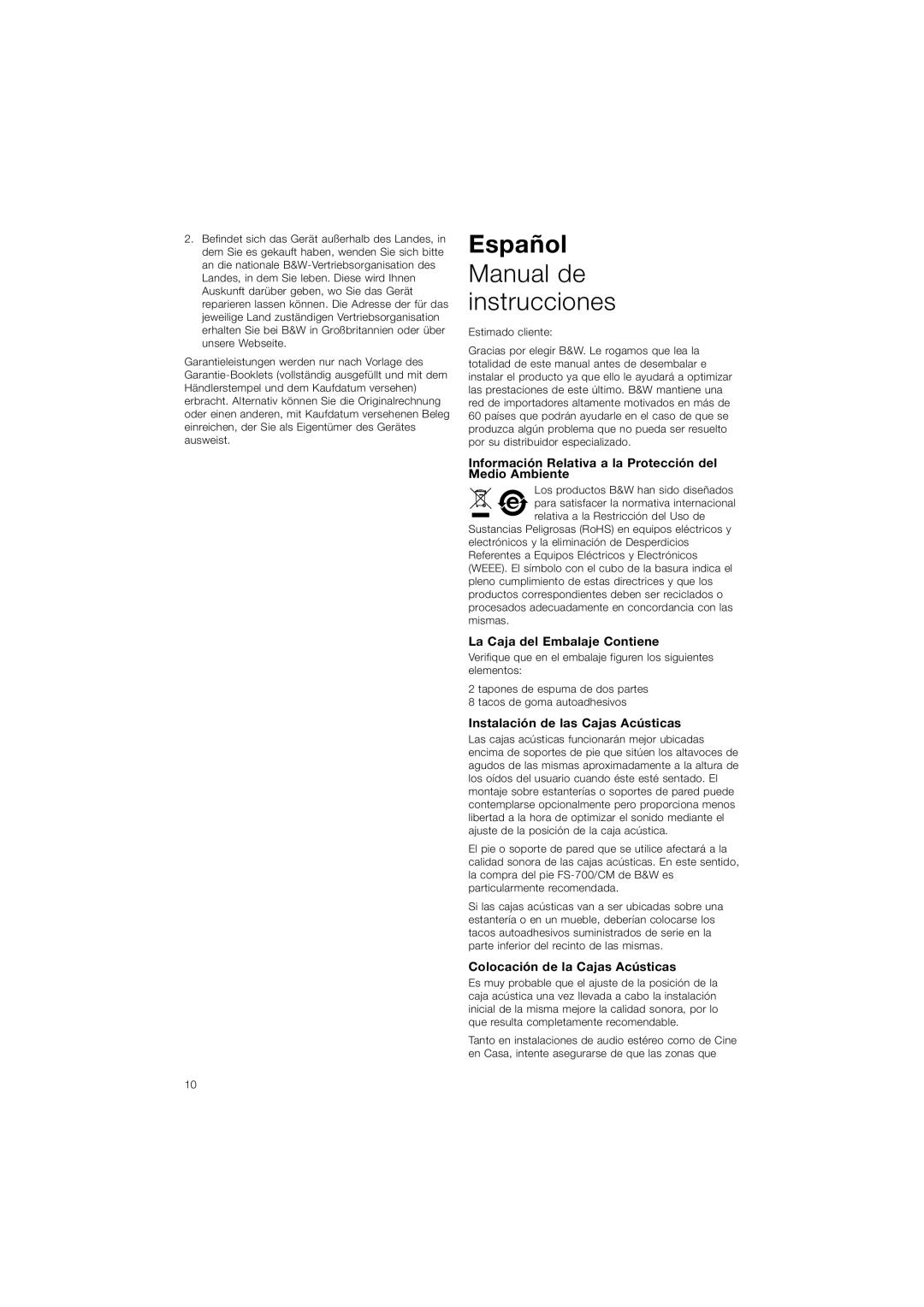 Bowers & Wilkins CM5 owner manual Español, Manual de instrucciones 