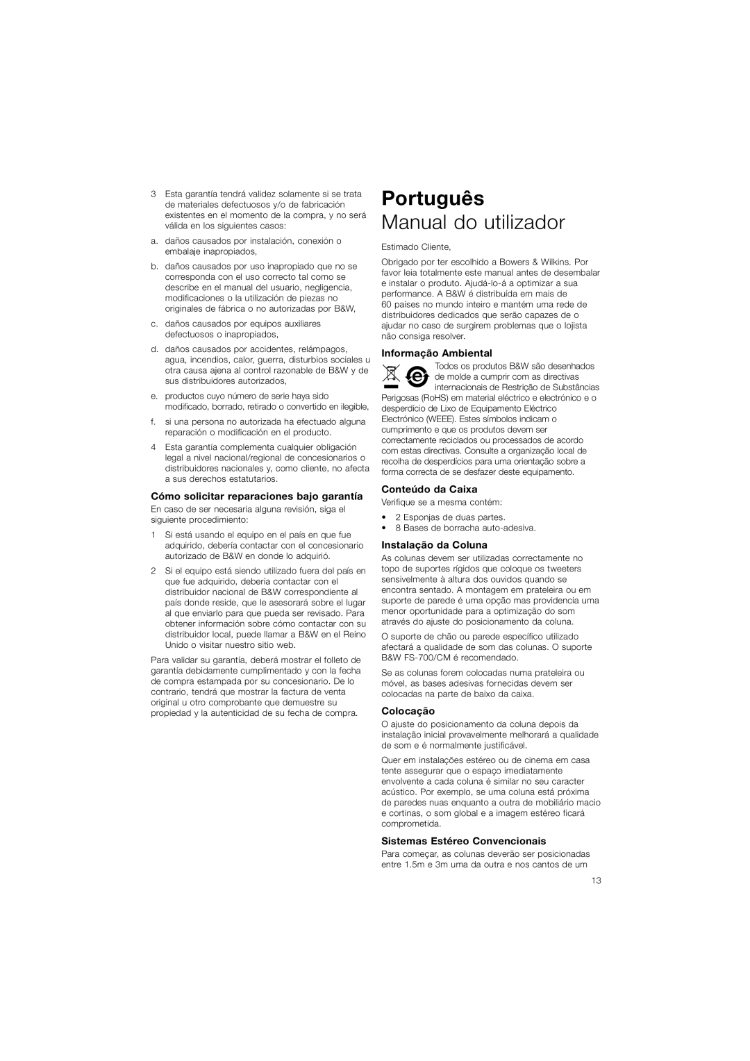 Bowers & Wilkins CM5 Português, Manual do utilizador, Cómo solicitar reparaciones bajo garantía, Informação Ambiental 