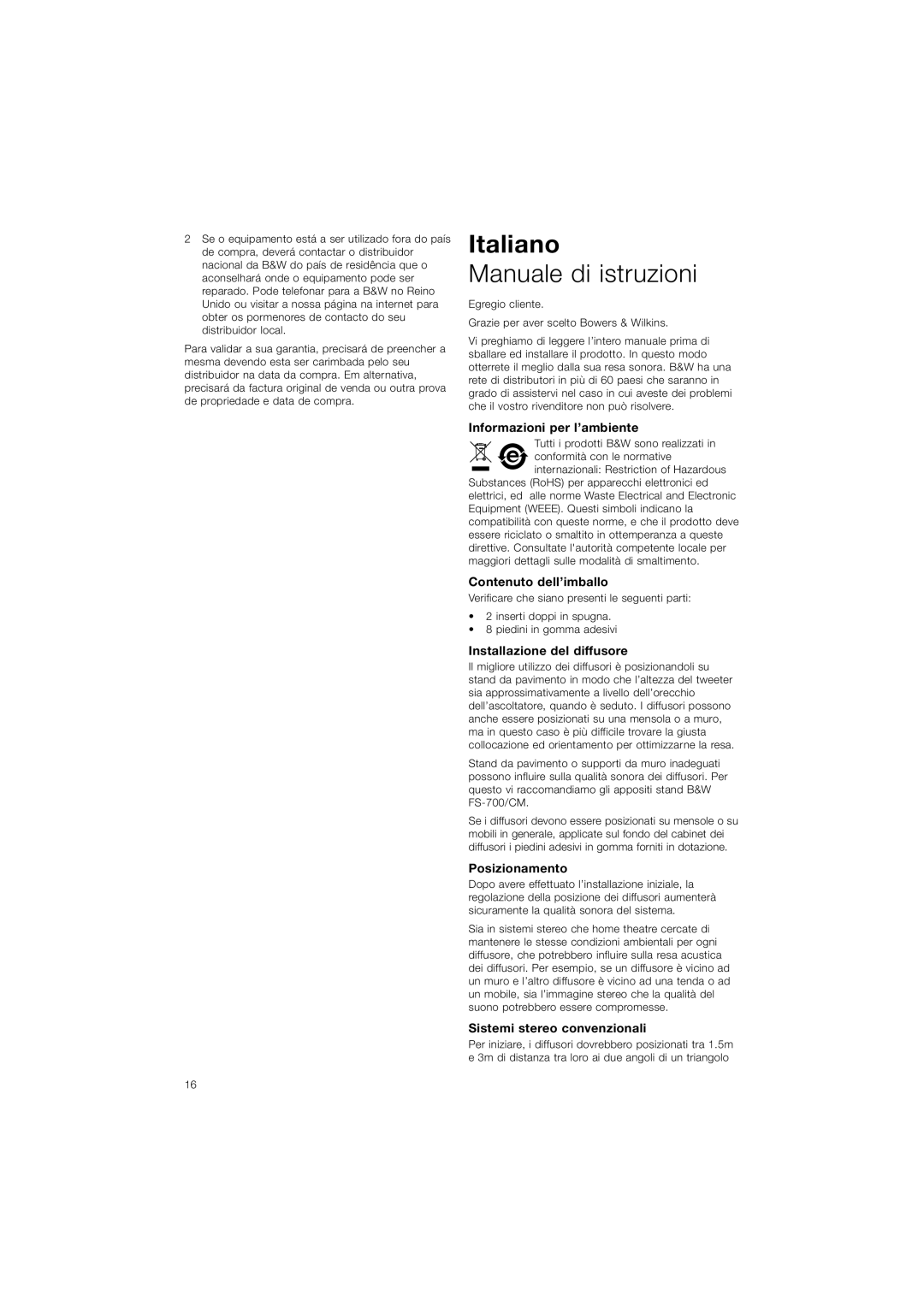 Bowers & Wilkins CM5 Italiano, Manuale di istruzioni, Informazioni per l’ambiente, Contenuto dell’imballo, Posizionamento 