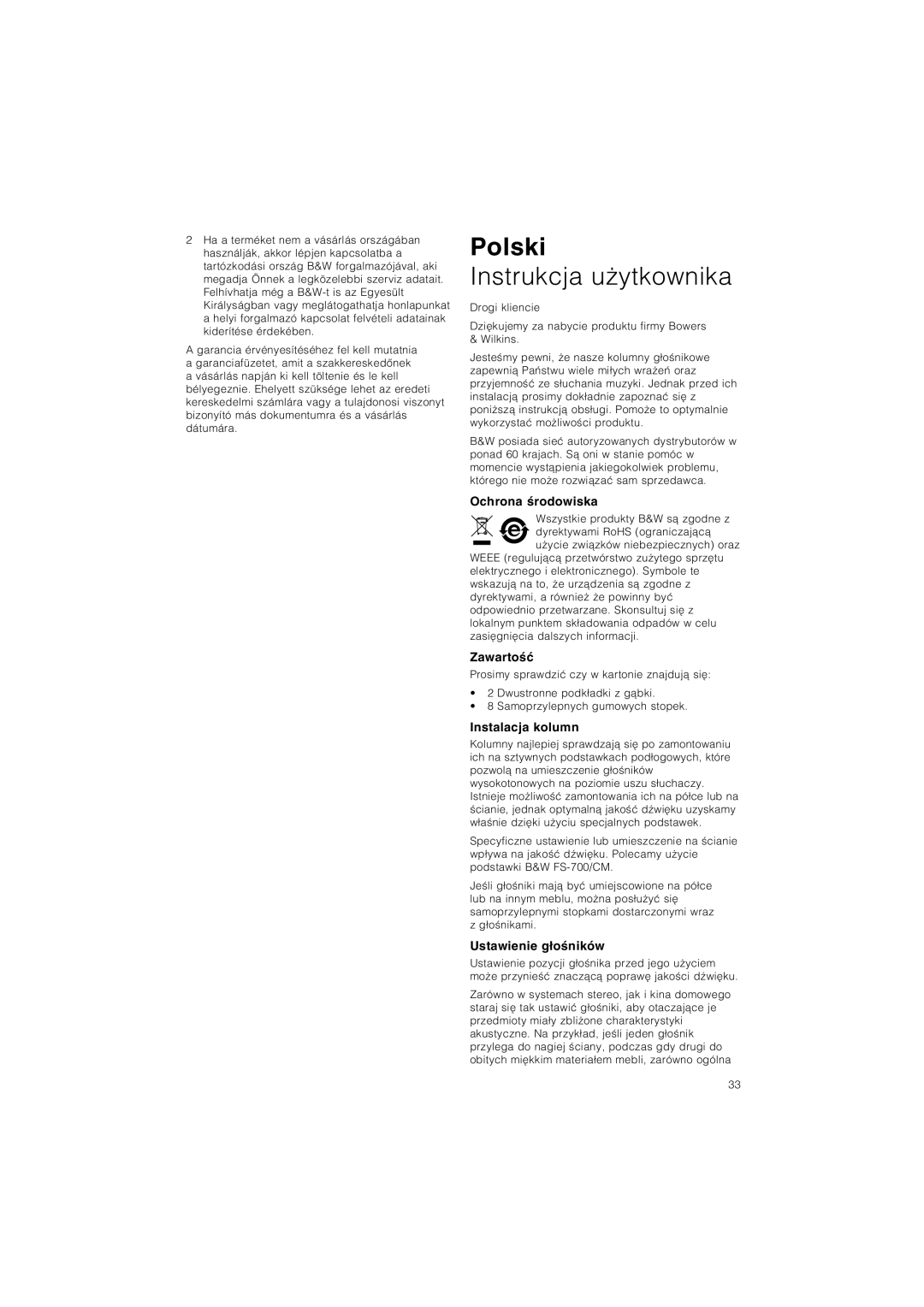 Bowers & Wilkins CM5 owner manual Polski, Instrukcja uÃytkownika, Ochrona ·rodowiska, Zawarto·π, Instalacja kolumn 