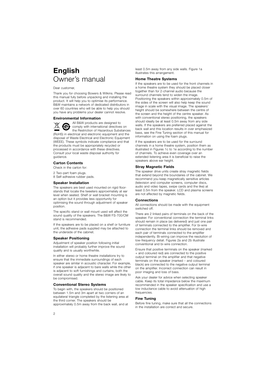 Bowers & Wilkins CM5 English, Environmental Information, Carton Contents, Speaker Installation, Speaker Positioning 