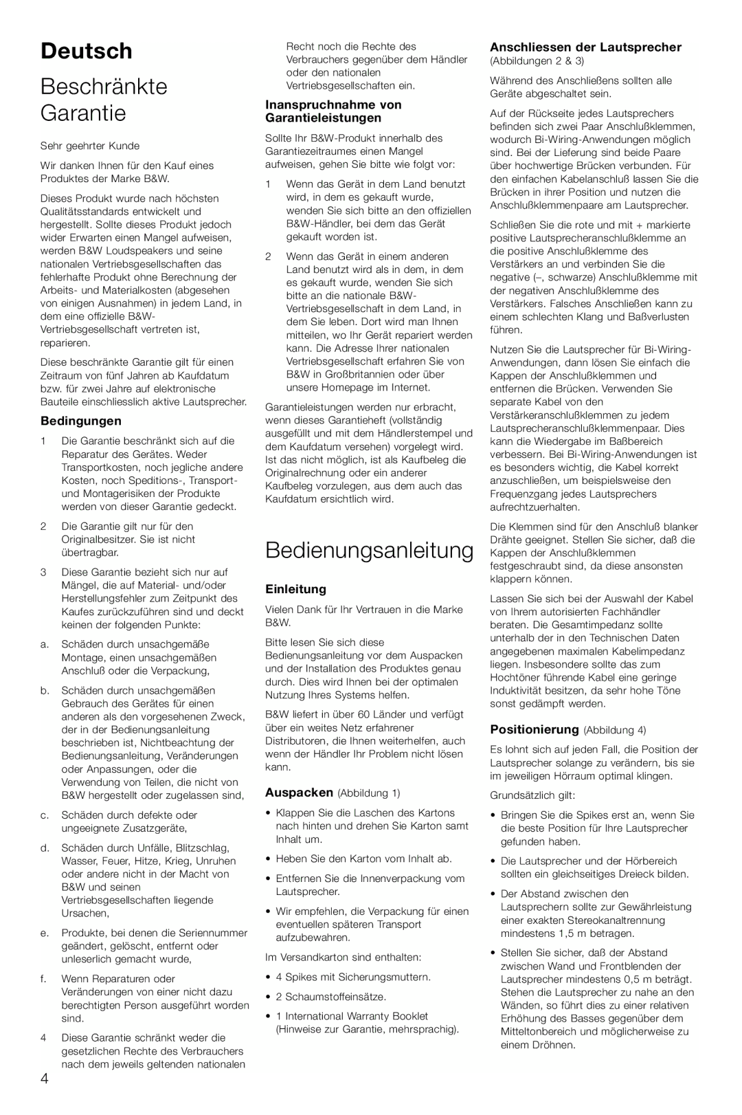 Bowers & Wilkins CM4, CM6 owner manual Deutsch, Beschränkte Garantie, Bedienungsanleitung 