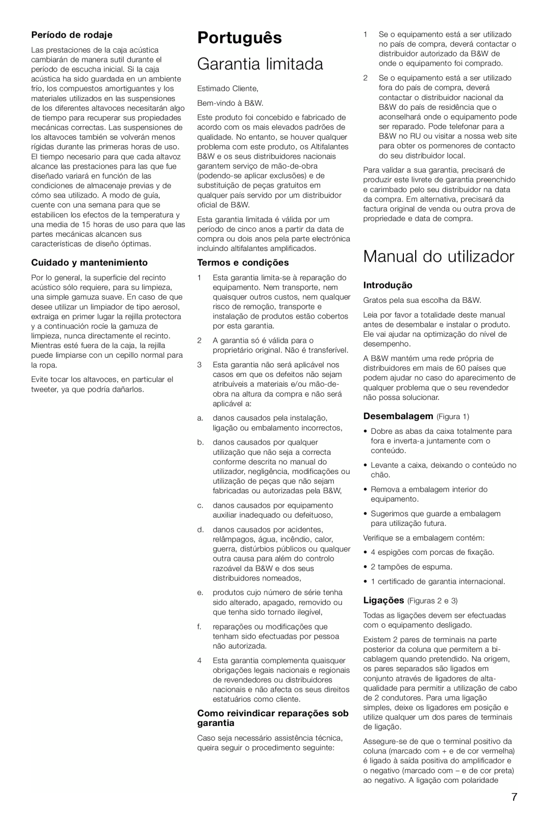 Bowers & Wilkins CM6, CM4 Português, Garantia limitada, Manual do utilizador, Período de rodaje, Cuidado y mantenimiento 