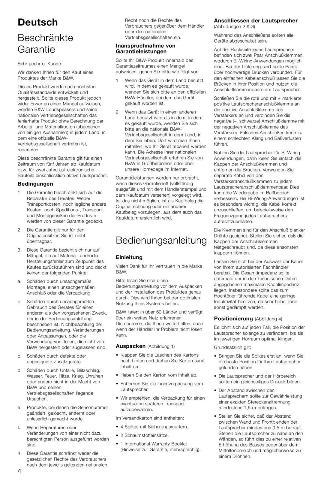 Bowers & Wilkins CM4 Deutsch, Beschränkte Garantie, Bedienungsanleitung, Bedingungen, Einleitung, Positionierung Abbildung 