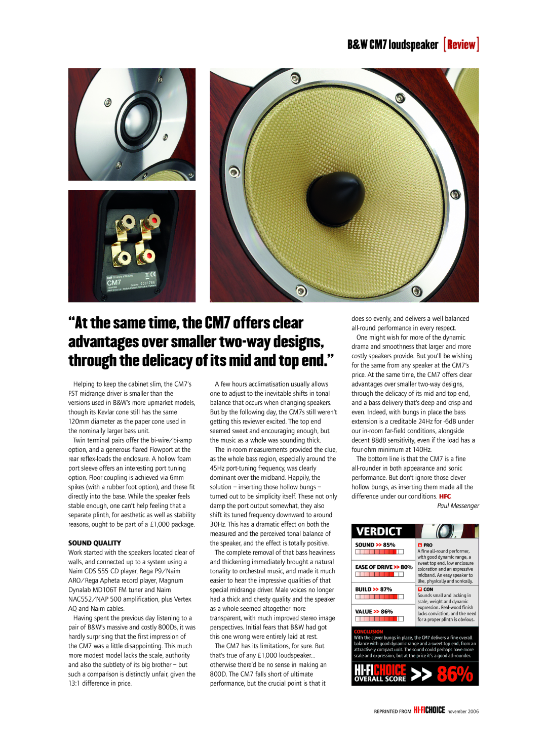 Bowers & Wilkins CM7 manual Verdict, Sound Quality, Sound 85%, Build 87%, Value 86% 