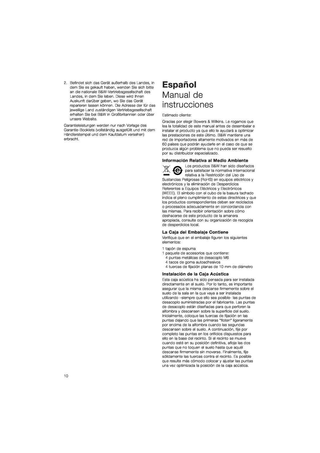 Bowers & Wilkins CM9 owner manual Español, Manual de instrucciones, Información Relativa al Medio Ambiente 
