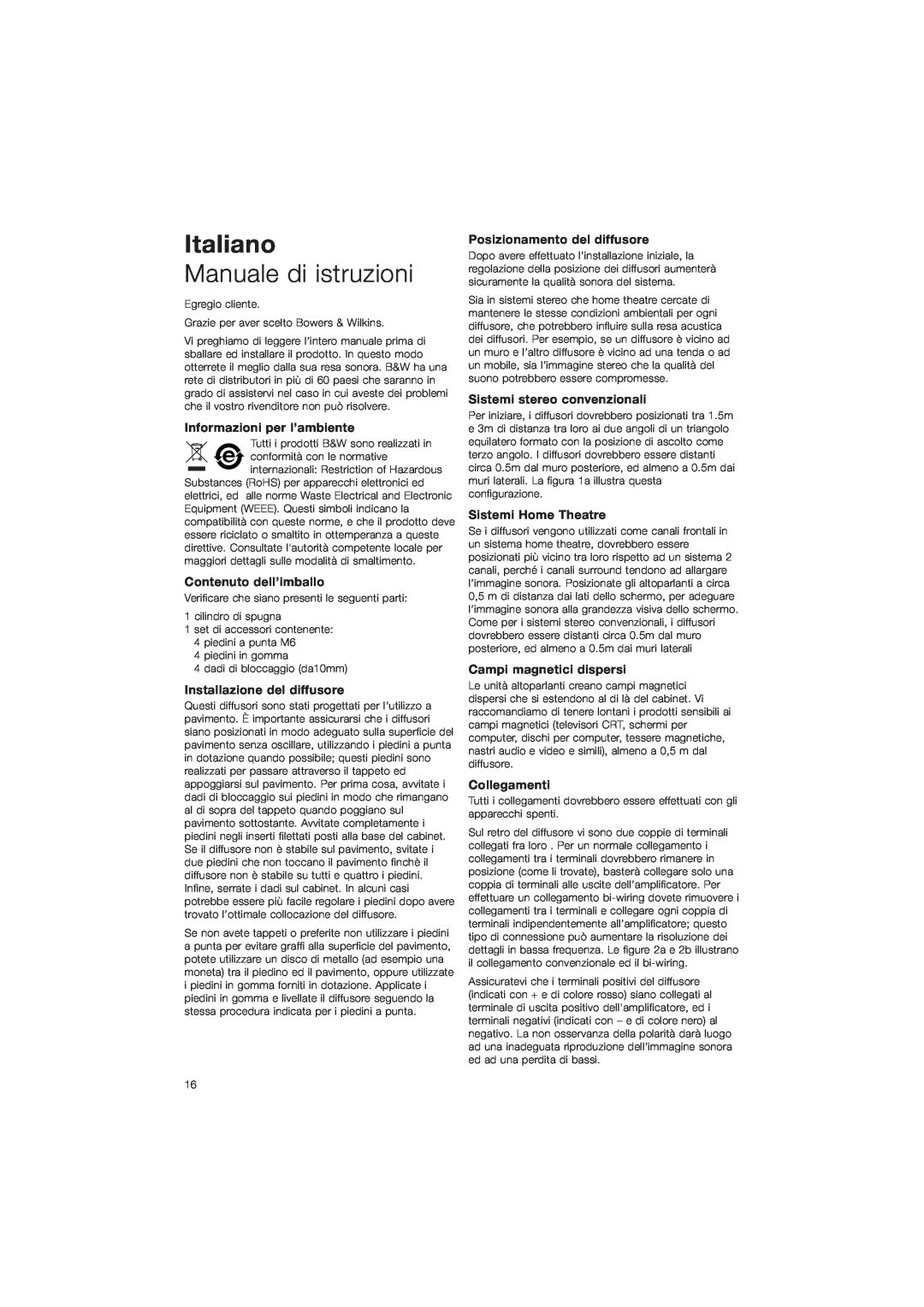 Bowers & Wilkins CM9 Italiano, Manuale di istruzioni, Informazioni per l’ambiente, Contenuto dell’imballo, Collegamenti 