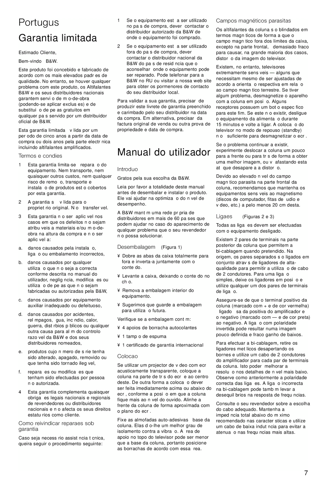 Bowers & Wilkins CMC owner manual Português, Garantia limitada, Manual do utilizador 