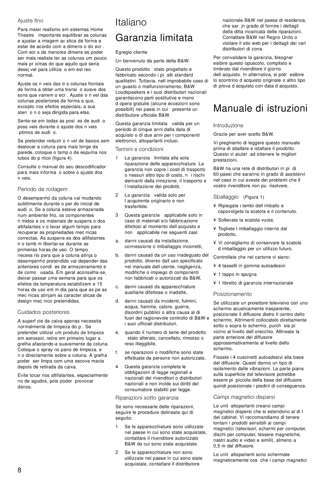 Bowers & Wilkins CMC owner manual Italiano, Garanzia limitata, Manuale di istruzioni 