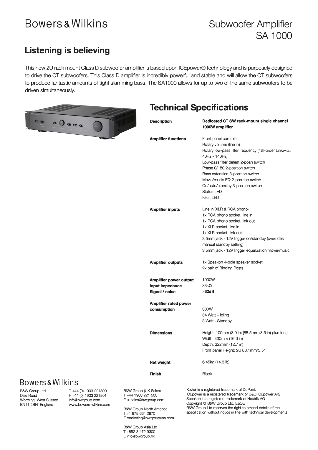 Bowers & Wilkins CT SW10 dimensions Subwoofer Amplifier SA, Listening is believing, Technical Specifications 