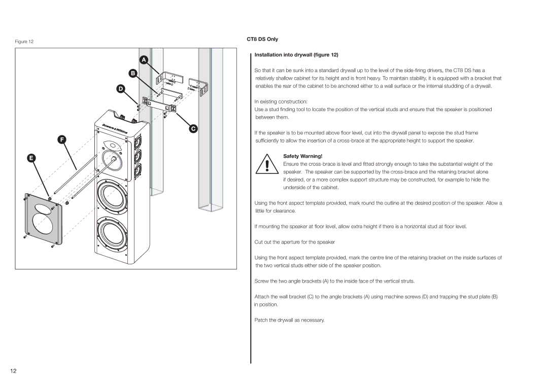 Bowers & Wilkins CT800 installation manual Installation into drywall ﬁgure, Safety Warning 