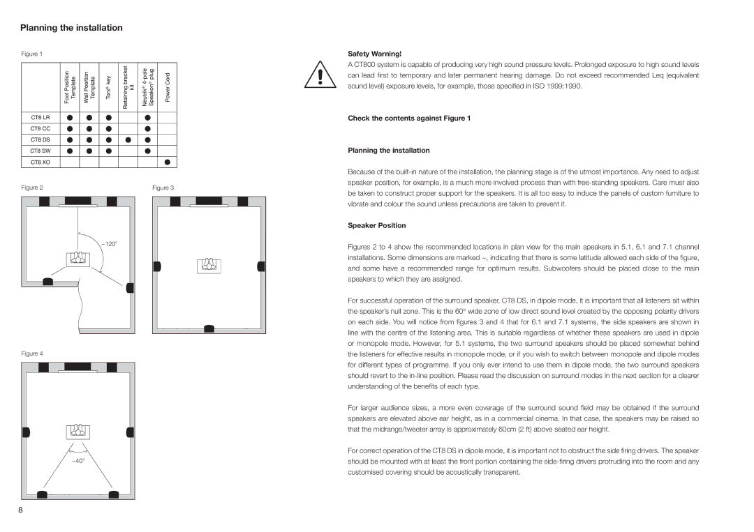 Bowers & Wilkins CT800 installation manual Planning the installation, Safety Warning, Speaker Position 