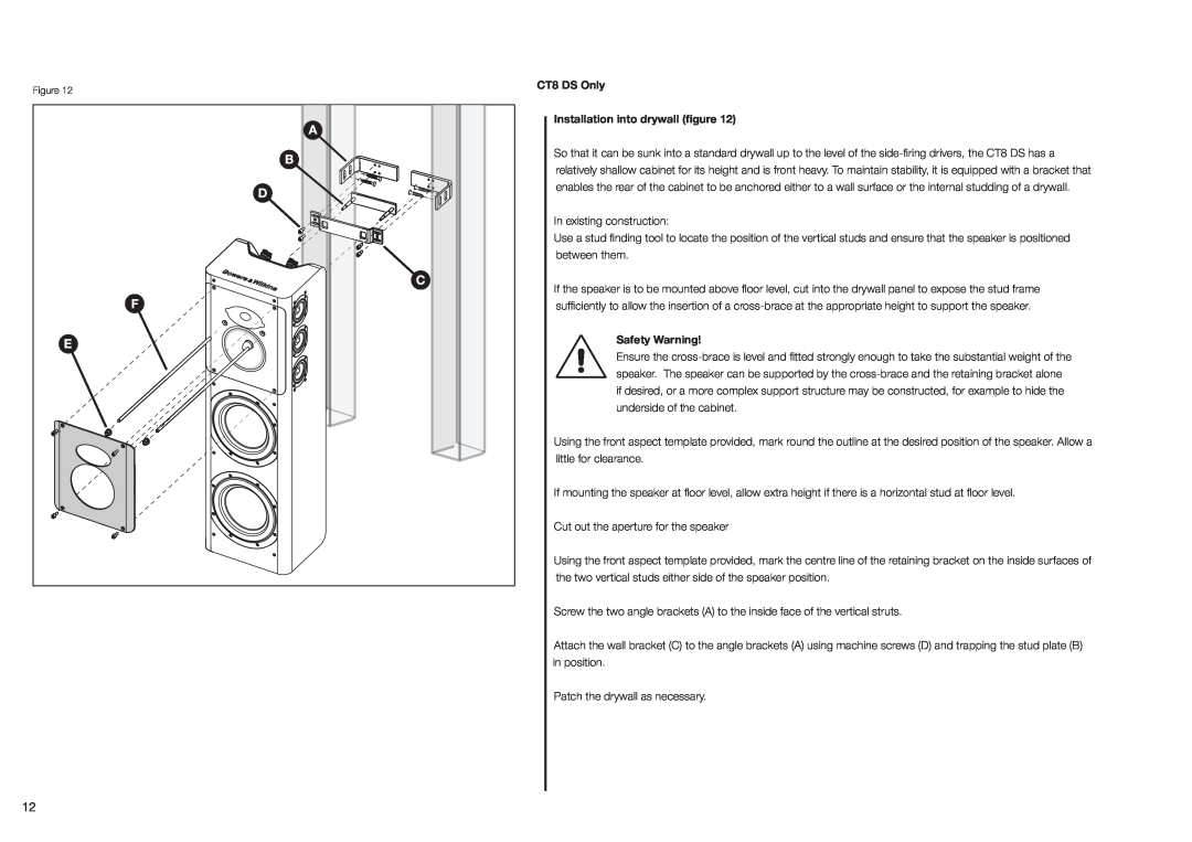 Bowers & Wilkins CT800 installation manual Installation into drywall ﬁgure, In existing construction, Safety Warning 
