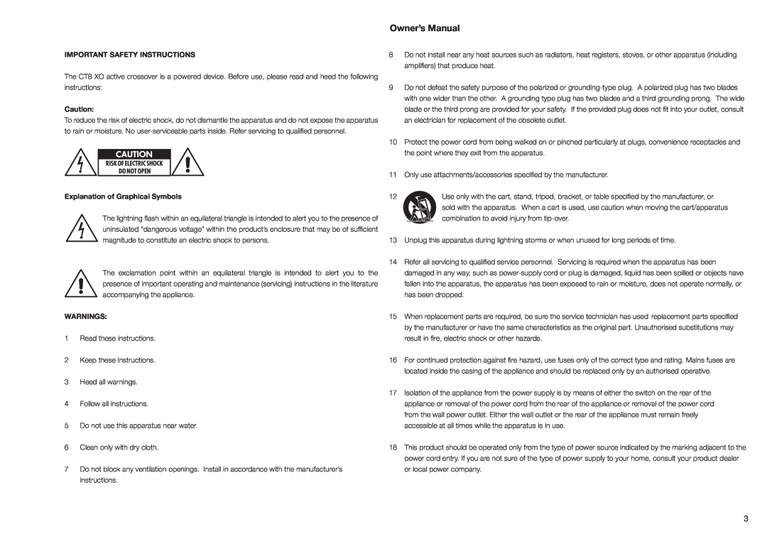 Bowers & Wilkins CT800 Owner’s Manual, Important Safety Instructions, Explanation of Graphical Symbols, Warnings 