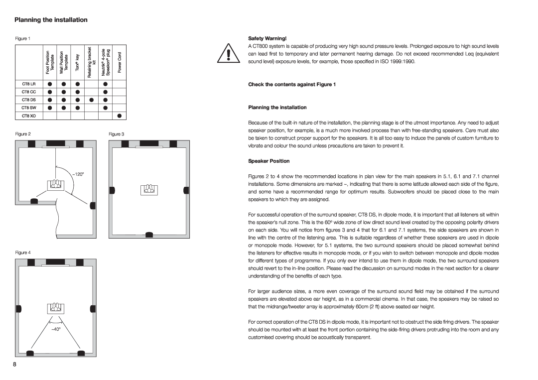 Bowers & Wilkins CT800 installation manual Planning the installation, Safety Warning, Speaker Position 