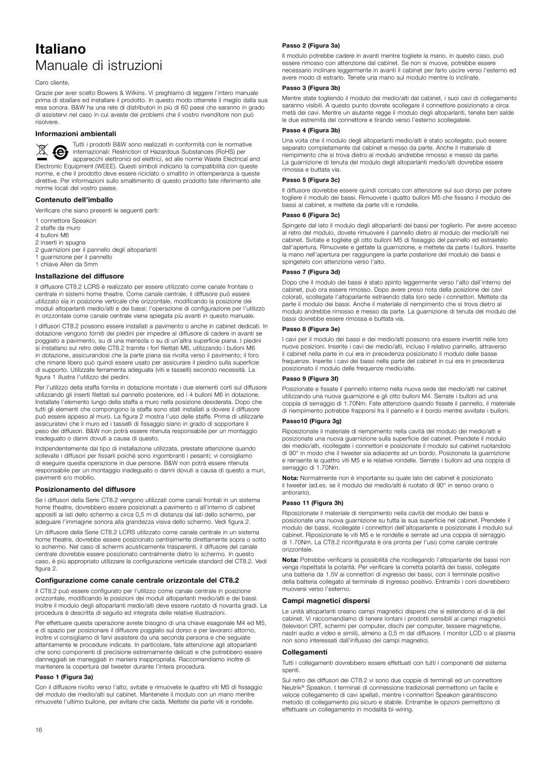 Bowers & Wilkins CT8.2 LCR Italiano, Manuale di istruzioni, Informazioni ambientali, Contenuto dell’imballo, Collegamenti 