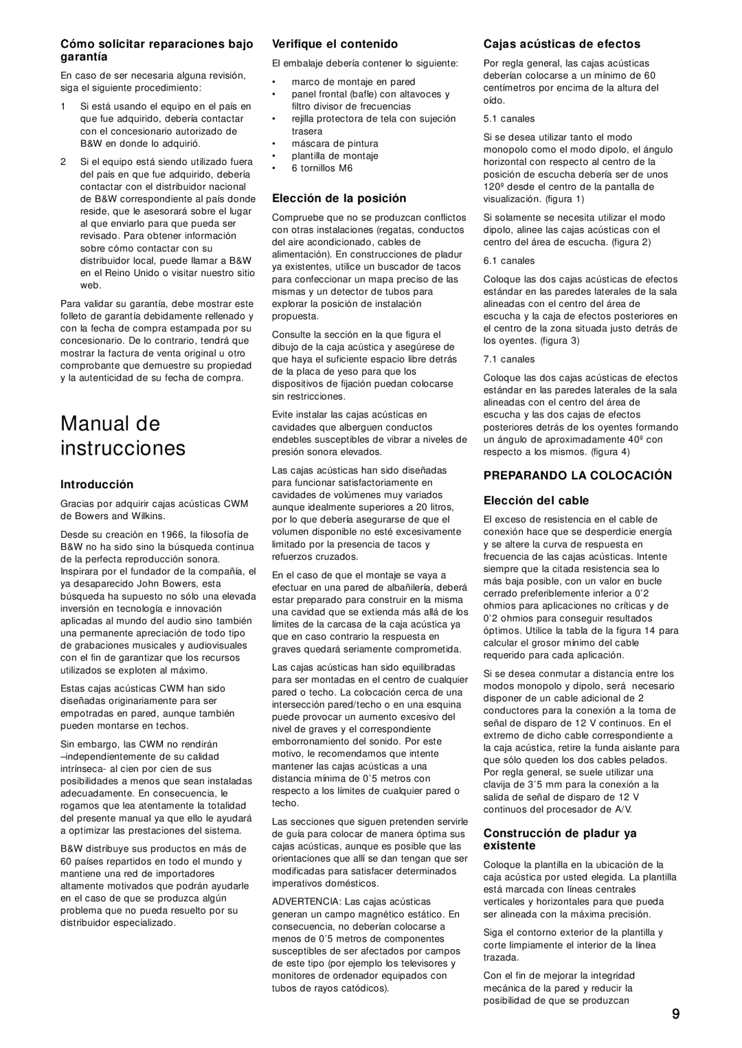 Bowers & Wilkins CWM DS8 owner manual Manual de instrucciones, Cómo solicitar reparaciones bajo garantía, Introducción 