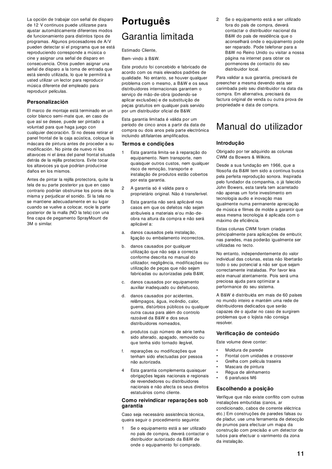 Bowers & Wilkins CWM DS8 Português, Garantia limitada, Manual do utilizador, Personalización, Termos e condições 