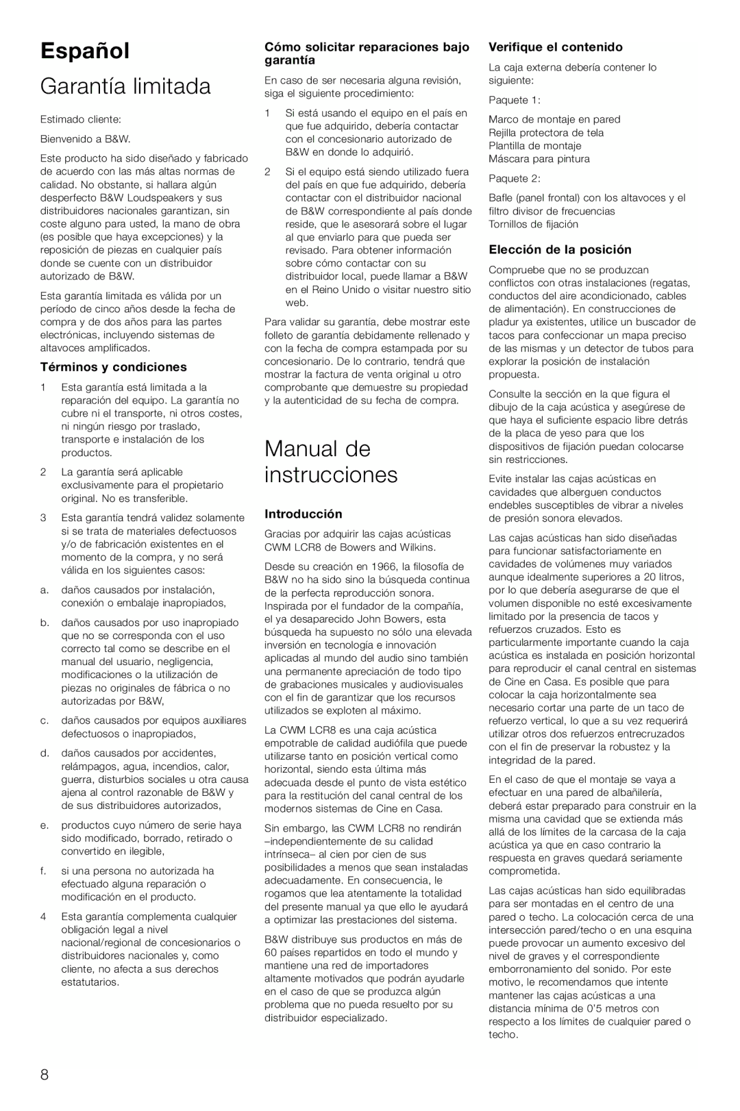 Bowers & Wilkins CWM-LCR8 owner manual Español, Garantía limitada, Manual de instrucciones 