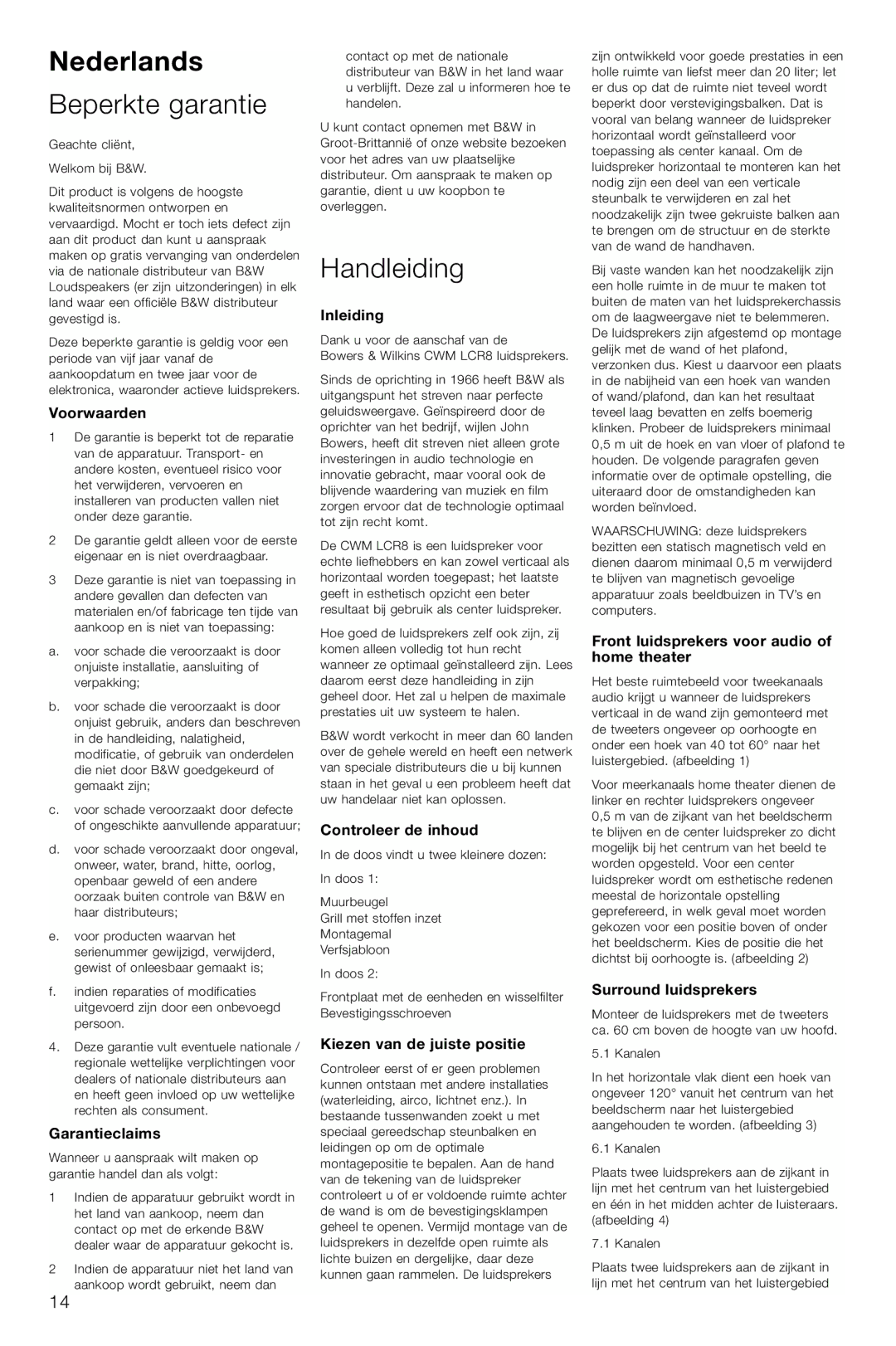 Bowers & Wilkins CWM-LCR8 owner manual Nederlands, Beperkte garantie, Handleiding 