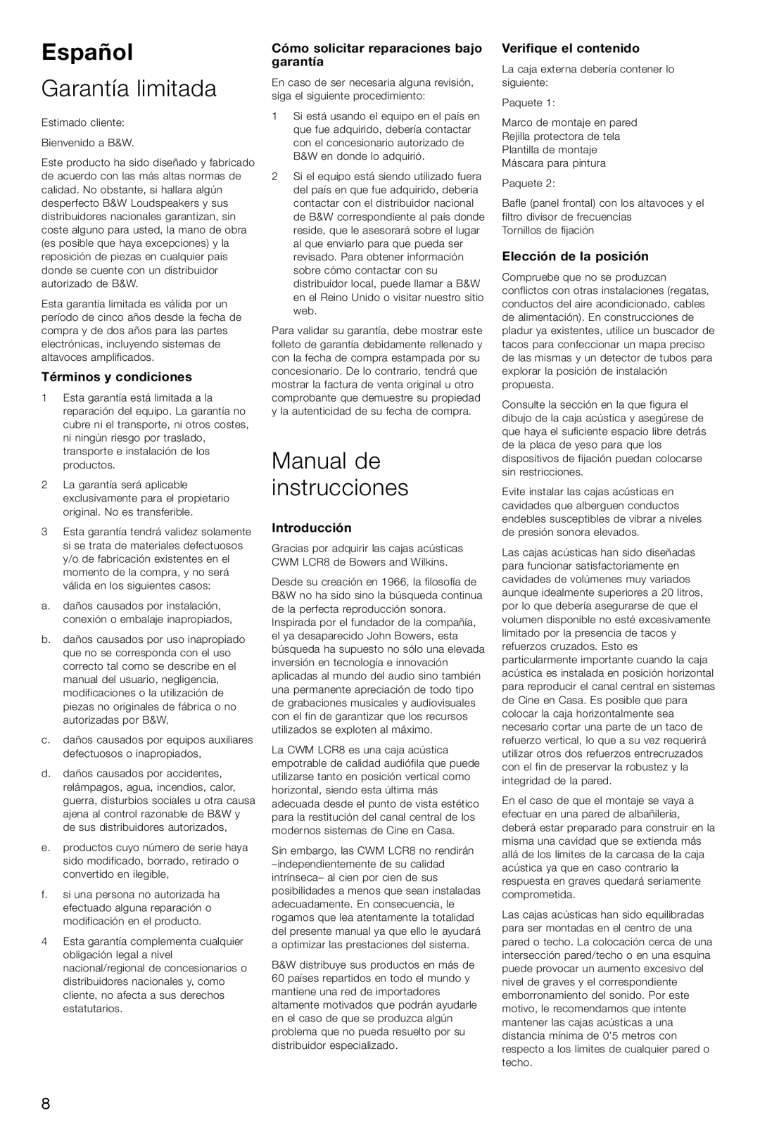 Bowers & Wilkins CWM-LCR8 Español, Garantía limitada, Manual de instrucciones, Términos y condiciones, Introducción 