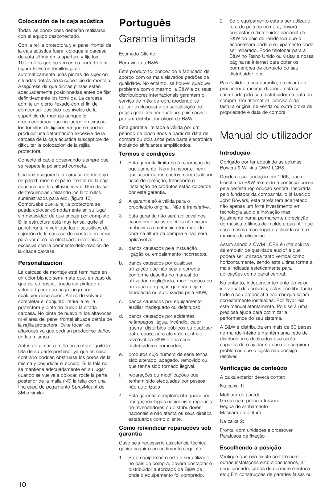 Bowers & Wilkins CWM-LCR8 Português, Garantia limitada, Manual do utilizador, Colocación de la caja acústica, Introdução 