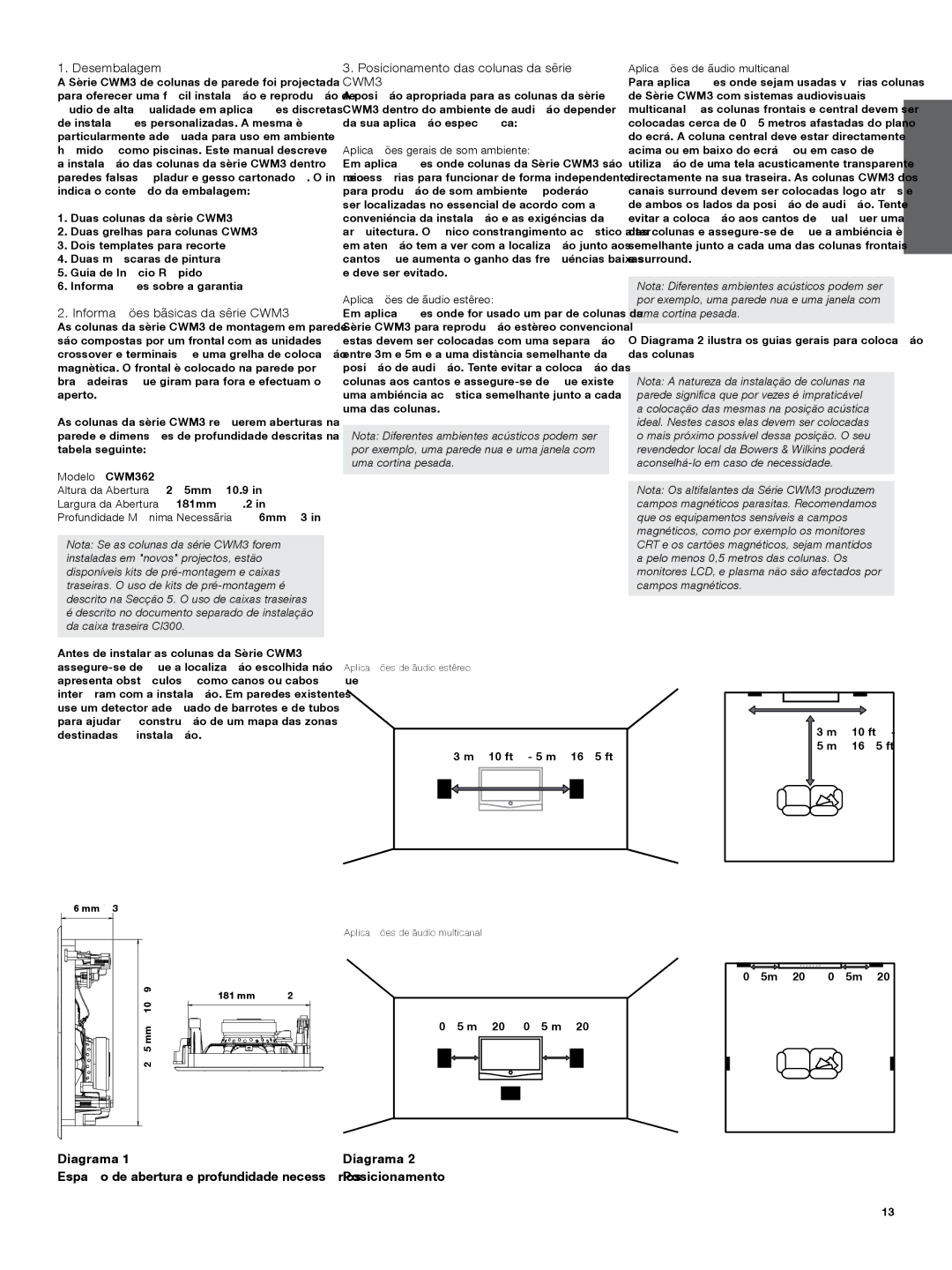 Bowers & Wilkins manual Desembalagem, Informações básicas da série CWM3, Posicionamento das colunas da série CWM3 