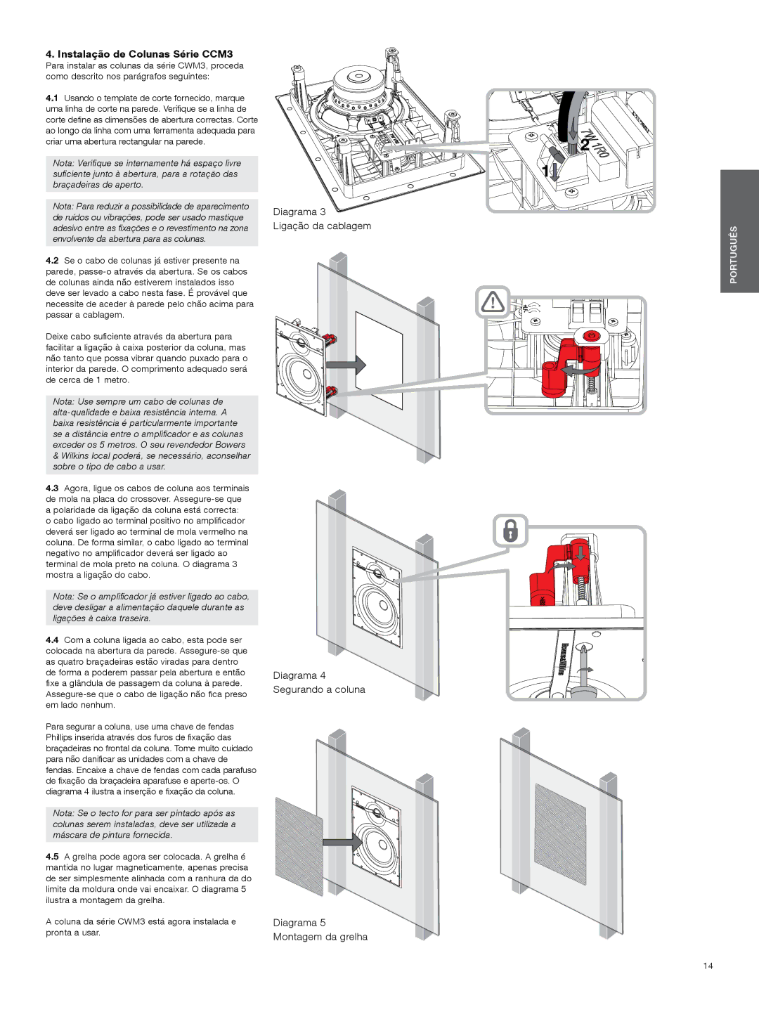 Bowers & Wilkins CWM3 manual Instalação de Colunas Série CCM3 